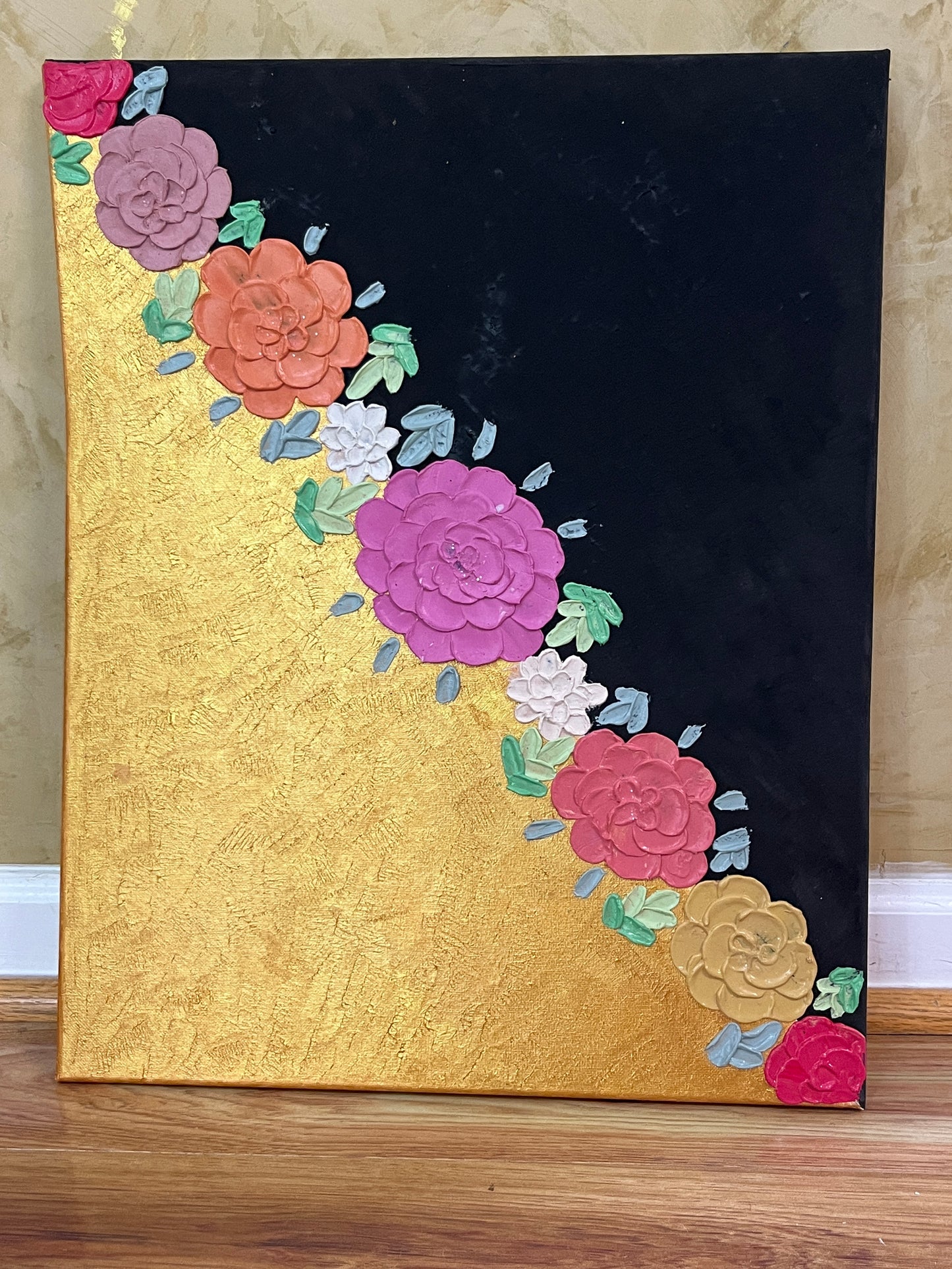 Textured painting black and gold with flowers